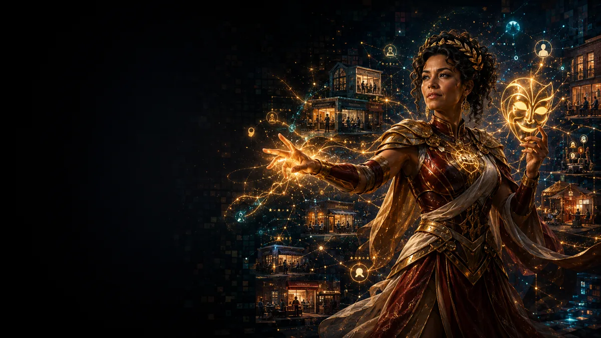 Thalia, Muse of community and human connection, linking independent businesses and customer relationships into a luminous AI recommendation network.
