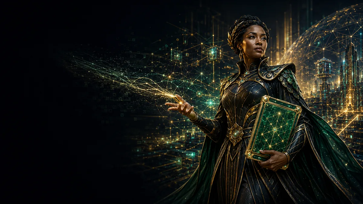 Polyhymnia, Muse of eloquence and authority, transforms complex technology and data into a luminous AI knowledge network.