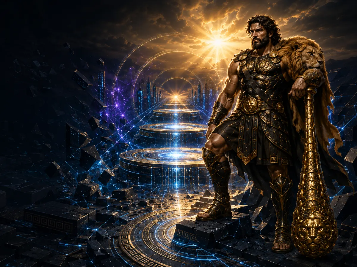 Hercules stands triumphant beside three illuminated stages representing the Ask Hercules process of auditing, fixing, and tracking AI visibility.