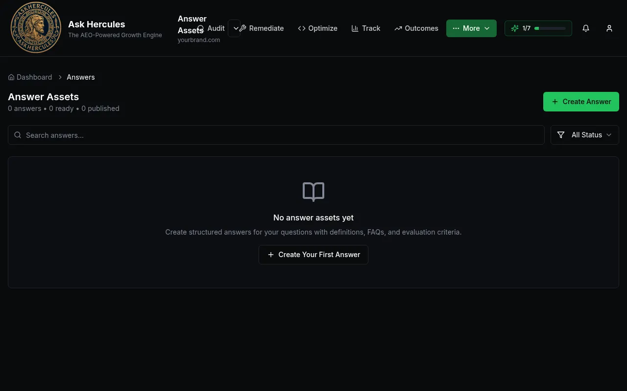 Answer Assets page with Create Answer button