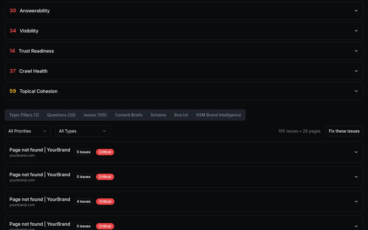 Issues tab listing problems by priority