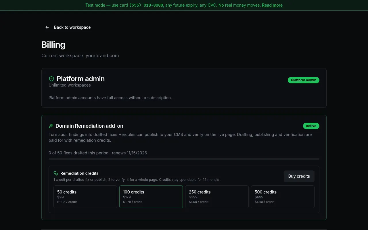 Billing page with plan and remediation credits