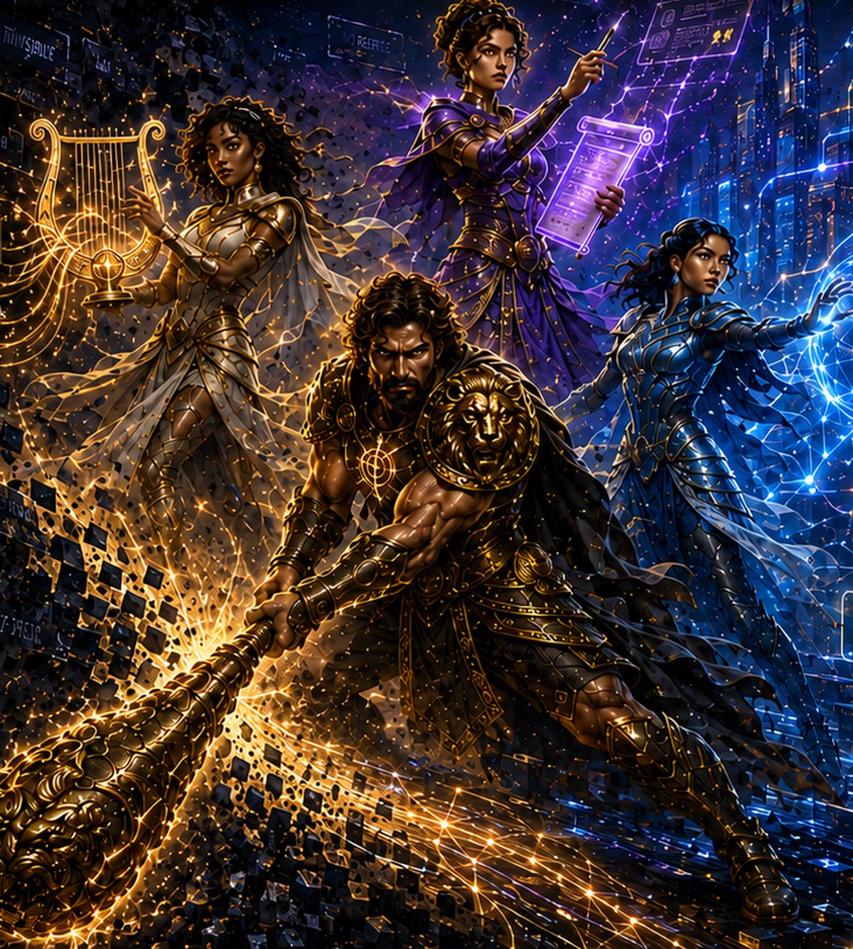 Hercules and three Muse action heroes breaking through digital invisibility into an illuminated network of AI discovery, citations, trust, and recommendations.