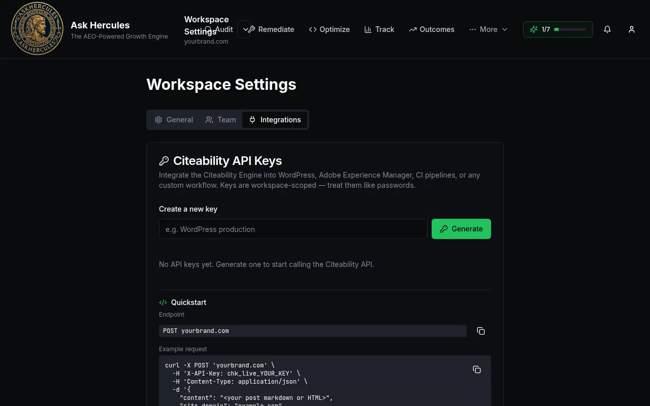 Citeability API Keys section