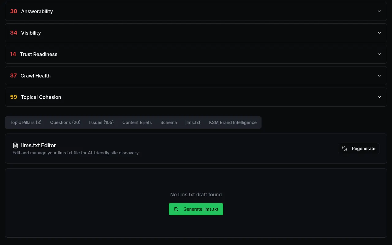 llms.txt editor with Generate button