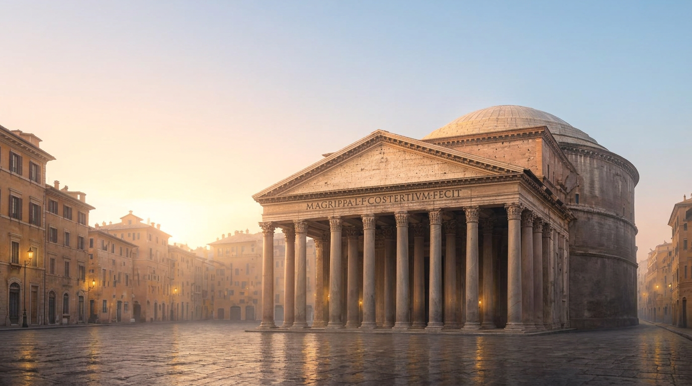 The Pantheon at dawn, golden sunrise light on the portico columns
