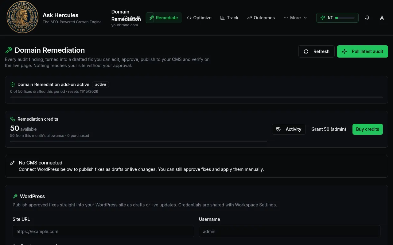 Domain Remediation page with credits and WordPress box