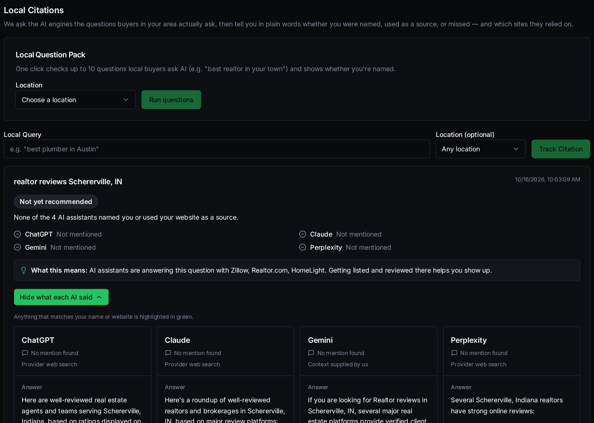 Bella’s local AI visibility review with personal details blurred